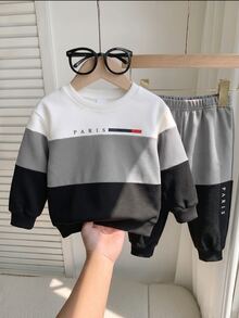 2pcs Baby/Toddler Boys PARIS Letter Print Color Block Thermal Lined Crew Neck Sweatshirt Sweatpants Set, Autumn Athletic Black And Red White - Multicolor - View 2