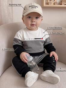 2pcs Baby/Toddler Boys PARIS Letter Print Color Block Thermal Lined Crew Neck Sweatshirt Sweatpants Set, Autumn Athletic Black And Red White - Multicolor - View 1