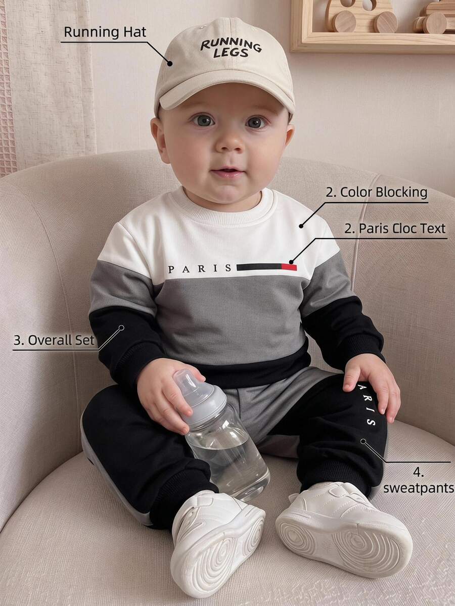 2pcs Baby/Toddler Boys PARIS Letter Print Color Block Thermal Lined Crew Neck Sweatshirt Sweatpants Set, Autumn Athletic Black And Red White - Multicolor - View 1