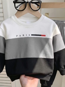 2pcs Baby/Toddler Boys PARIS Letter Print Color Block Thermal Lined Crew Neck Sweatshirt Sweatpants Set, Autumn Athletic Black And Red White - Multicolor - View 3