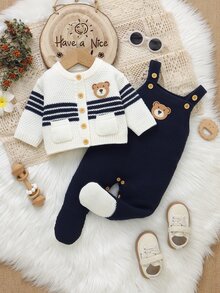 SHEIN 新生兒小熊刺繡針織衫 2 件套，男嬰條紋開襟衫 + 連腳連身衣，可愛卡通小熊套裝，適合滿月照、日常穿著、家庭聚會、旅行、度假，時尚休閒穿搭，嬰兒針織外套搭配吊帶連身衣，易穿脫 2 件套 - 藏蓝色 - 查看 5