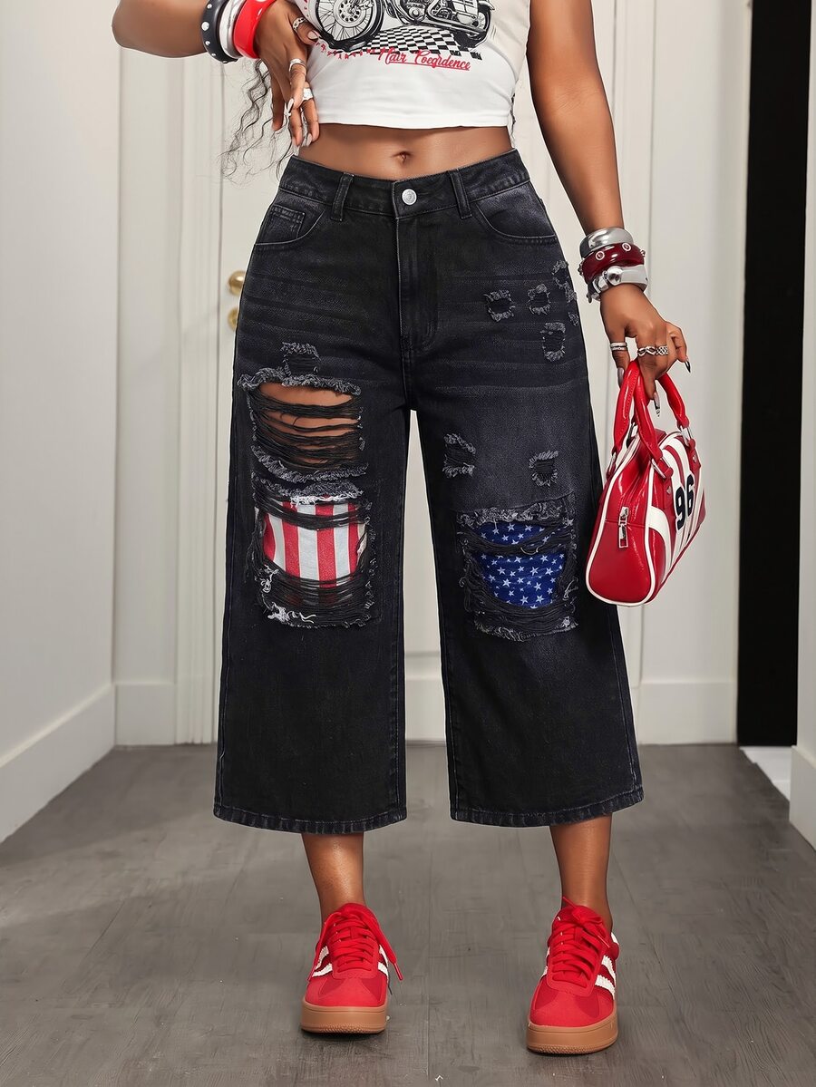 BamGleam Women's American Flag Pattern Pocket Distressed Frayed Hem Wide Leg Cropped Denim Jeans - Black - View 1