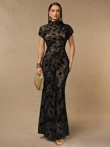Silquee Women's Flocked Stand Collar Short Sleeve Ruched Fitted Mermaid Hem Elegant Dress - Black - View 9