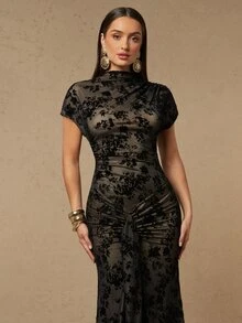 Silquee Women's Flocked Stand Collar Short Sleeve Ruched Fitted Mermaid Hem Elegant Dress - Black - View 5