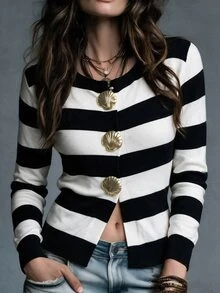 SHEIN PariChic Women's Elegant Coastal Black And White Striped Shell Metal Button Cardigan Sweater Brunch Autumn Brunch - Multicolor - View 3