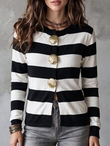 SHEIN PariChic Women's Elegant Coastal Black And White Striped Shell Metal Button Cardigan Sweater Brunch Autumn Brunch - Multicolor - View 7