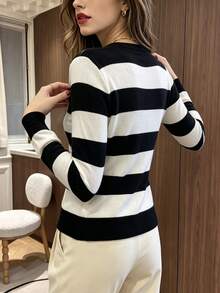 SHEIN PariChic Women's Elegant Coastal Black And White Striped Shell Metal Button Cardigan Sweater Brunch Autumn Brunch - Multicolor - View 2