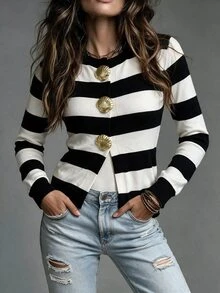 SHEIN PariChic Women's Elegant Coastal Black And White Striped Shell Metal Button Cardigan Sweater Brunch Autumn Brunch - Multicolor - View 4