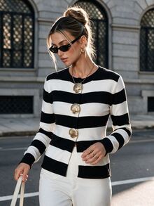 SHEIN PariChic Women's Elegant Coastal Black And White Striped Shell Metal Button Cardigan Sweater Brunch Autumn Brunch - Multicolor - View 5