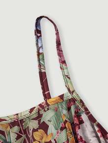 SHEIN MOD Gaun Panjang Wanita Ukuran Besar Motif Bunga Romantis Blok Warna Patchwork dengan Hem Payung, Cocok untuk Liburan atau Kencan - Burgundy - View 5