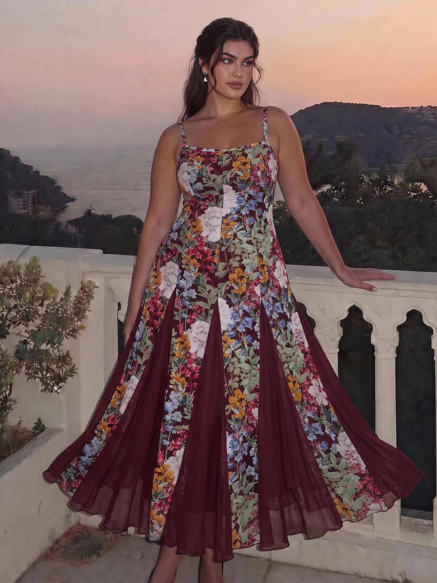 SHEIN MOD Gaun Panjang Wanita Ukuran Besar Motif Bunga Romantis Blok Warna Patchwork dengan Hem Payung, Cocok untuk Liburan atau Kencan - Burgundy - View 1