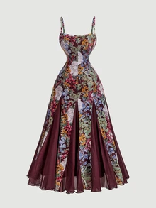 SHEIN MOD Gaun Panjang Wanita Ukuran Besar Motif Bunga Romantis Blok Warna Patchwork dengan Hem Payung, Cocok untuk Liburan atau Kencan - Burgundy - View 3
