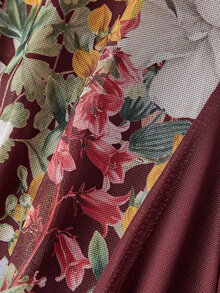 SHEIN MOD Gaun Panjang Wanita Ukuran Besar Motif Bunga Romantis Blok Warna Patchwork dengan Hem Payung, Cocok untuk Liburan atau Kencan - Burgundy - View 4