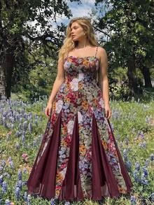 SHEIN MOD Gaun Panjang Wanita Ukuran Besar Motif Bunga Romantis Blok Warna Patchwork dengan Hem Payung, Cocok untuk Liburan atau Kencan - Burgundy - View 6