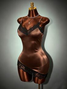 Mistrie Brown Satin Lace Camisole V-Neck Spaghetti Strap Fitted Inner Top - Brown - View 1