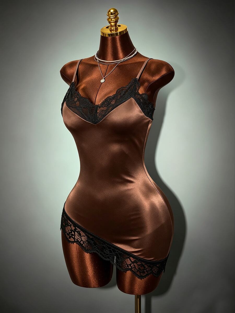 Mistrie Brown Satin Lace Camisole V-Neck Spaghetti Strap Fitted Inner Top - Brown - View 1