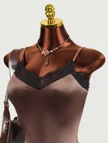Mistrie Brown Satin Lace Camisole V-Neck Spaghetti Strap Fitted Inner Top - Brown - View 6
