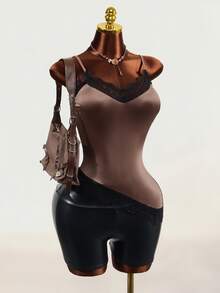 Mistrie Brown Satin Lace Camisole V-Neck Spaghetti Strap Fitted Inner Top - Brown - View 4