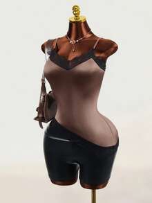 Mistrie Brown Satin Lace Camisole V-Neck Spaghetti Strap Fitted Inner Top - Brown - View 5