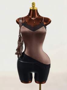 Mistrie Brown Satin Lace Camisole V-Neck Spaghetti Strap Fitted Inner Top - Brown - View 3