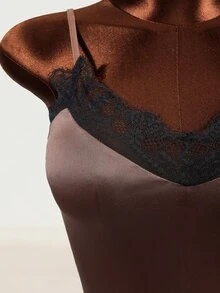 Mistrie Brown Satin Lace Camisole V-Neck Spaghetti Strap Fitted Inner Top - Brown - View 8