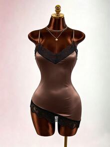 Mistrie Brown Satin Lace Camisole V-Neck Spaghetti Strap Fitted Inner Top - Brown - View 9
