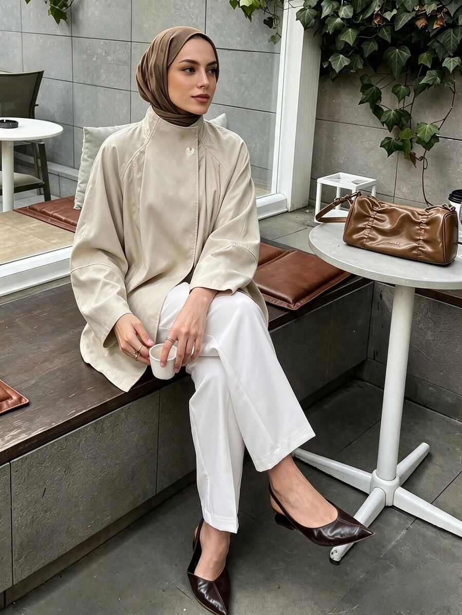 Selianne 女款時尚優雅不對稱大翻領剪裁中長款風衣,插肩袖寬鬆修身休閒夾克 - 杏色 - 查看 1