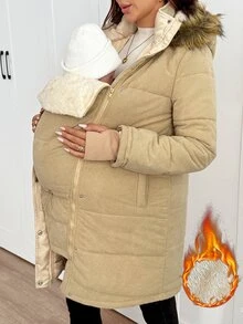 SHEIN Jaket Hamil Polos dengan Resleting dan Lapisan Termal, Kasual untuk Sehari-hari, 3-in-1 - Khaki - View 9