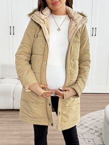 SHEIN Jaket Hamil Polos dengan Resleting dan Lapisan Termal, Kasual untuk Sehari-hari, 3-in-1 - Khaki - View 5