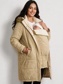 SHEIN Jaket Hamil Polos dengan Resleting dan Lapisan Termal, Kasual untuk Sehari-hari, 3-in-1 - Khaki - View 4