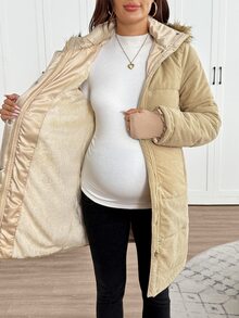 SHEIN Jaket Hamil Polos dengan Resleting dan Lapisan Termal, Kasual untuk Sehari-hari, 3-in-1 - Khaki - View 7