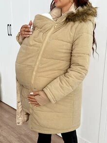SHEIN Jaket Hamil Polos dengan Resleting dan Lapisan Termal, Kasual untuk Sehari-hari, 3-in-1 - Khaki - View 8