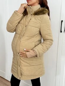SHEIN Jaket Hamil Polos dengan Resleting dan Lapisan Termal, Kasual untuk Sehari-hari, 3-in-1 - Khaki - View 6