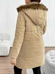 SHEIN Jaket Hamil Polos dengan Resleting dan Lapisan Termal, Kasual untuk Sehari-hari, 3-in-1 - Khaki - View 2