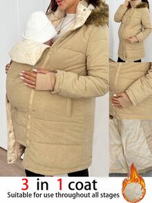 SHEIN Jaket Hamil Polos dengan Resleting dan Lapisan Termal, Kasual untuk Sehari-hari, 3-in-1 - Khaki - View 3