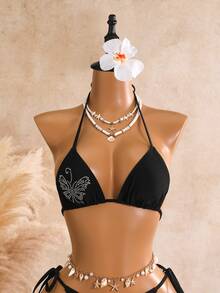 SHEIN Swim Women's New Black Rhinestone Butterfly Pattern Triangle Top Triangle Bottom Bikini Swimwear 3 Pieces Set - Black - View 10