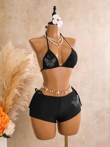 SHEIN Swim Women's New Black Rhinestone Butterfly Pattern Triangle Top Triangle Bottom Bikini Swimwear 3 Pieces Set - Black - View 8