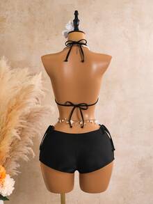 SHEIN Swim Women's New Black Rhinestone Butterfly Pattern Triangle Top Triangle Bottom Bikini Swimwear 3 Pieces Set - Black - View 6