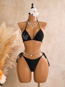 SHEIN Swim Women's New Black Rhinestone Butterfly Pattern Triangle Top Triangle Bottom Bikini Swimwear 3 Pieces Set - Black - View 9
