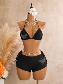 SHEIN Swim Women's New Black Rhinestone Butterfly Pattern Triangle Top Triangle Bottom Bikini Swimwear 3 Pieces Set - Black - View 5