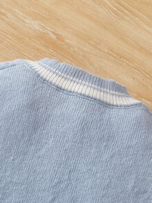 SHEIN (青少年女孩) 灰藍色與白色V領背心毛衣，春秋冬季款，校園風刺繡針織毛衣，柔軟舒適，適合日常穿著、外出、旅行、度假、托兒所及玩耍 - 藍色 - 查看 7