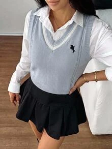 SHEIN (青少年女孩) 灰藍色與白色V領背心毛衣，春秋冬季款，校園風刺繡針織毛衣，柔軟舒適，適合日常穿著、外出、旅行、度假、托兒所及玩耍 - 藍色 - 查看 1