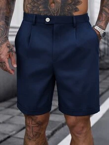 Manfinity Homme Men's Casual Rolled-Up Pocket Shorts For Summer Daily Wear Navy Blue Shorts Navy Shorts Men - Royal Blue - View 5