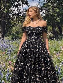 SHEIN MOD Plus Size Women's Elegant Cold Shoulder Embroidered Waist-Cinching Midi Dress, Green, For Prom, Wedding Guest, Formal Occasions - Black - View 1