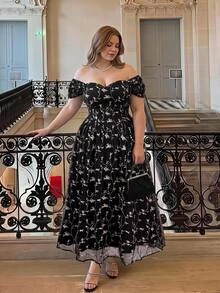 SHEIN MOD Plus Size Women's Elegant Cold Shoulder Embroidered Waist-Cinching Midi Dress, Green, For Prom, Wedding Guest, Formal Occasions - Black - View 6