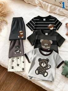 2pcs Baby Boys T-Shirt Sets Casual Cute Family Matching Light Grey Grey Teddy Bear Loose Short Sleeve Contrast Neck Vacation School Holiday Summer - Multicolor - View 2
