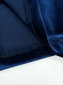 SHEIN Solid Color Velvet Ruched Waist Tie Elegant Party Autumn/Winter Women's Mid-Length Dress - Navy Blue - View 6