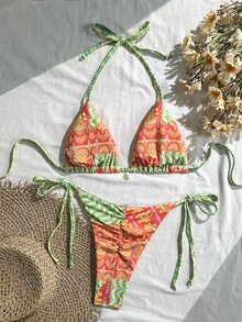 Swim Vcay 女士印花吊坠露背性感比基尼套装，适合海滩度假，夏季泳装，两件套/连体泳衣，度假装，女士比基尼套装 - 橘色 - 查看 2