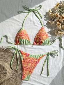 Swim Vcay 女士印花吊坠露背性感比基尼套装，适合海滩度假，夏季泳装，两件套/连体泳衣，度假装，女士比基尼套装 - 橘色 - 查看 3