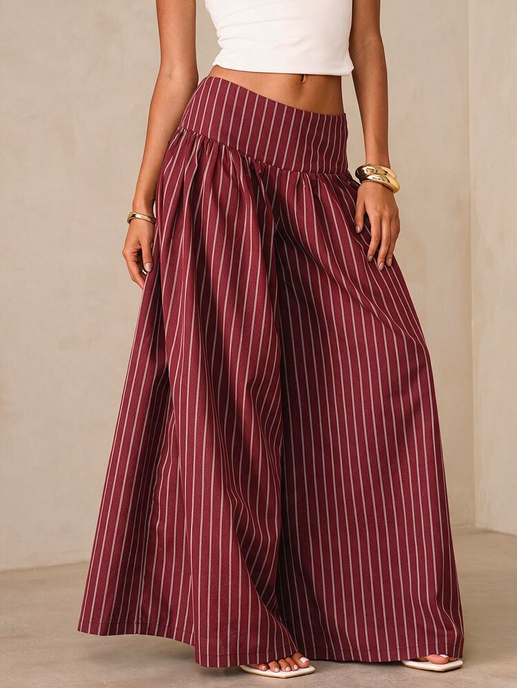 Glamine Women's Fashion Casual Boho Commute Versatile Street Striped Wide Leg Long Pants Beach Burgundy Autumn - Burgundy - View 2